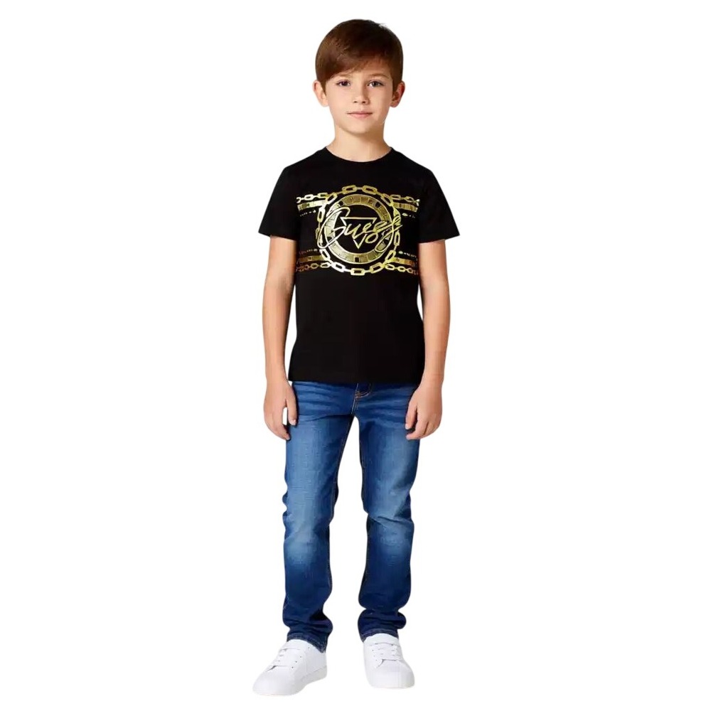 Guess Kids Boys Black Gold Foil Chain Logo Graphic T-Shirt‎ Size S 8-10 NWT